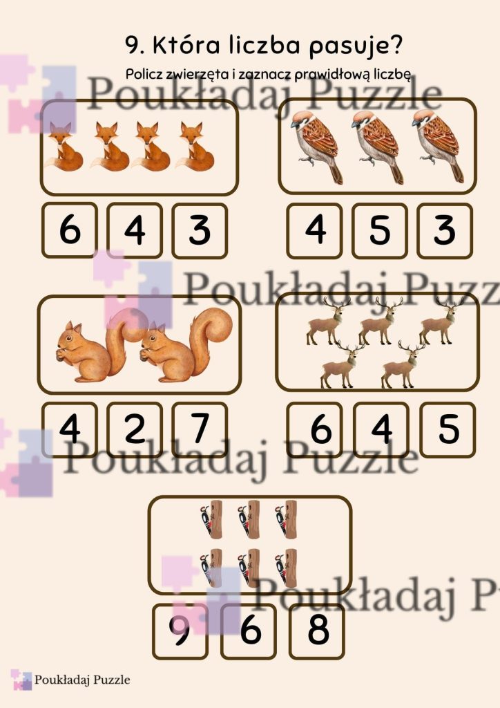 która liczba pasuje? karty pracy opisujące zwierzęta i liczby