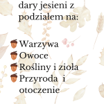 Przykładowa strona zawartości kart pracy które pokazują: jakie warzywa, owoce, rośliny i zioła występują w jesieni oraz jak zmienia się przyroda i otoczenie